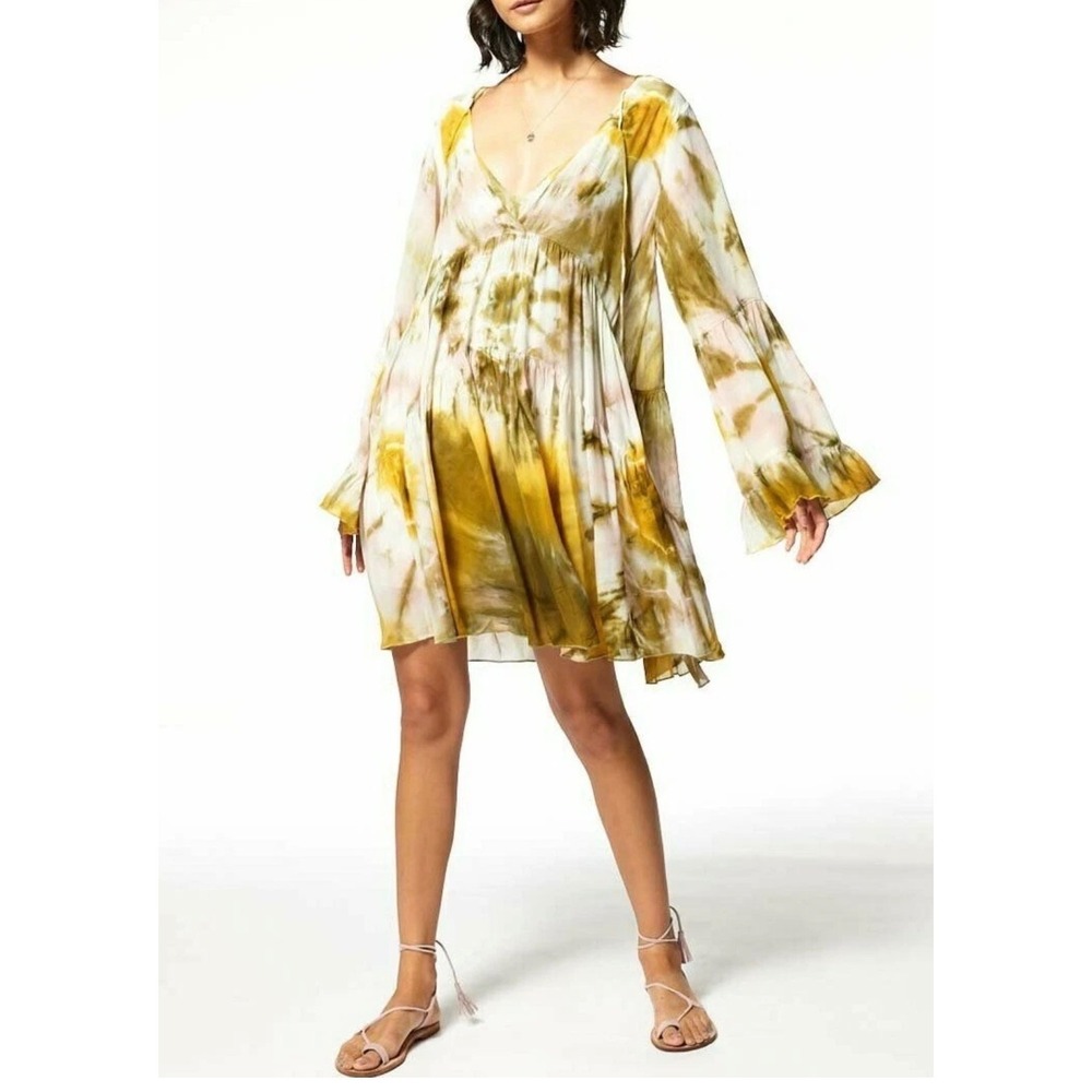 Young Fabulous & Broke Tie Dye‎ Mini Dress Womens Small Yellow Boho Bell Sleeve